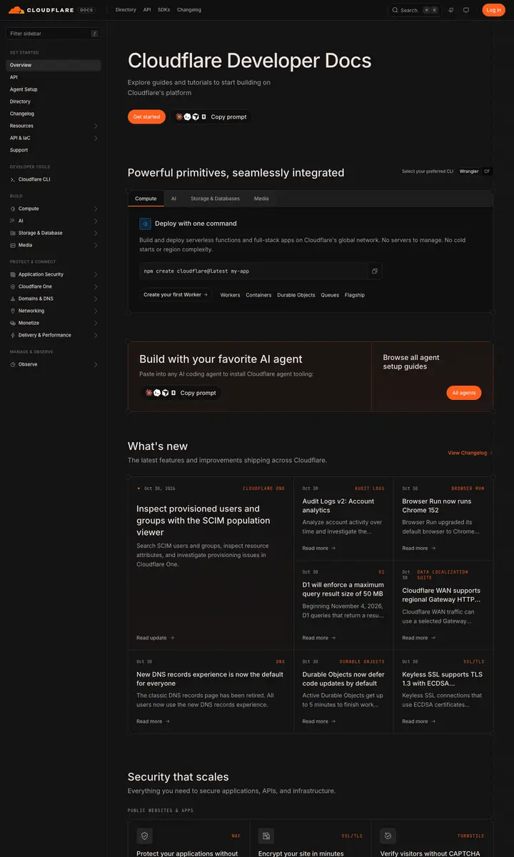 Home page of developers.cloudflare.com