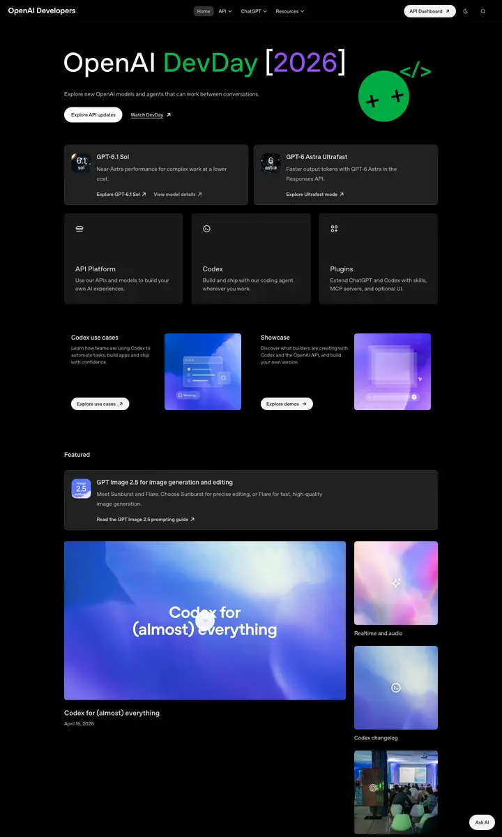 Home page of developers.openai.com