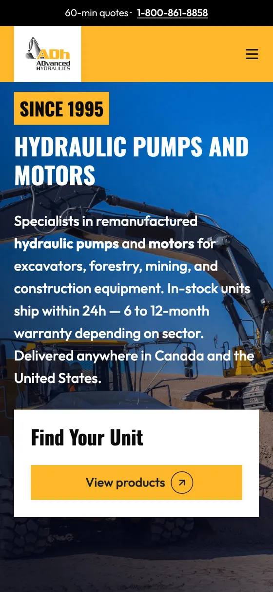 Page d'accueil mobile d'ADH présentant ses pompes et moteurs hydrauliques.