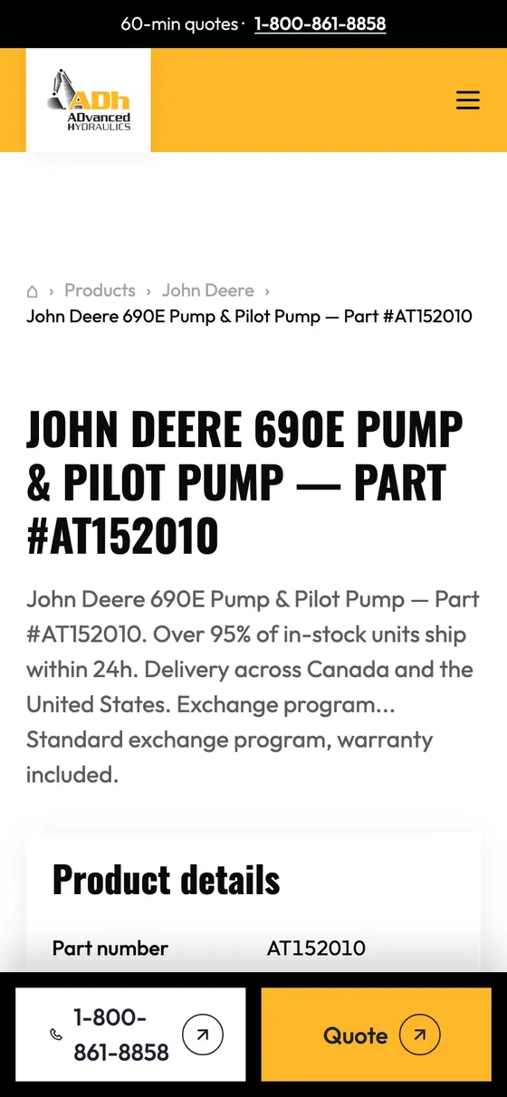 Fiche mobile de la pompe John Deere 690E, référence AT152010.