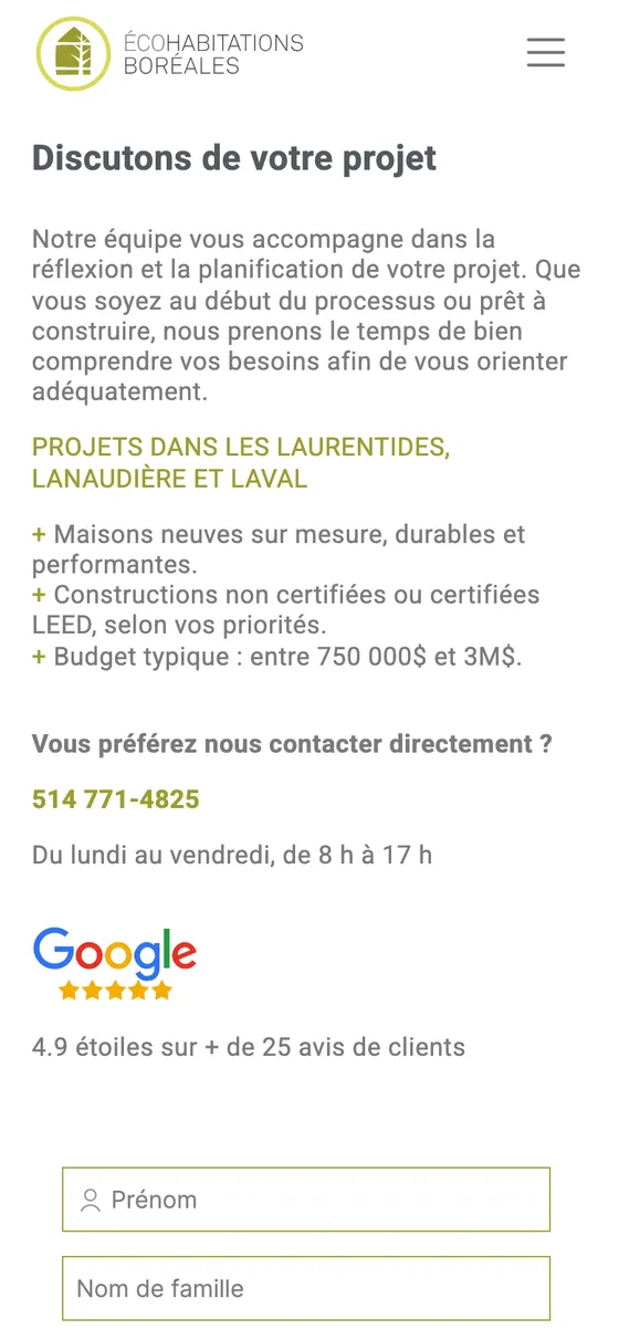 La page « Discutons de votre projet » du site d'Écohabitations Boréales sur un cellulaire