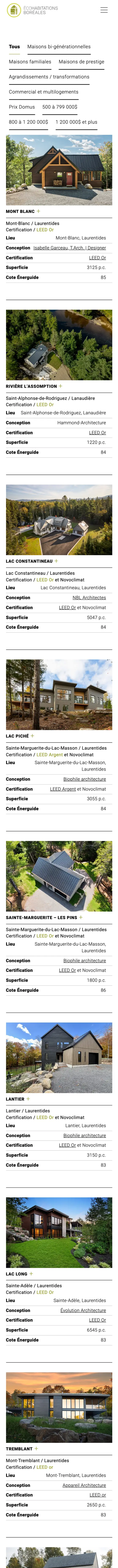 Le portfolio des réalisations d'Écohabitations Boréales sur un cellulaire, maison après maison, avec le lieu, l'architecte et la certification de chacune