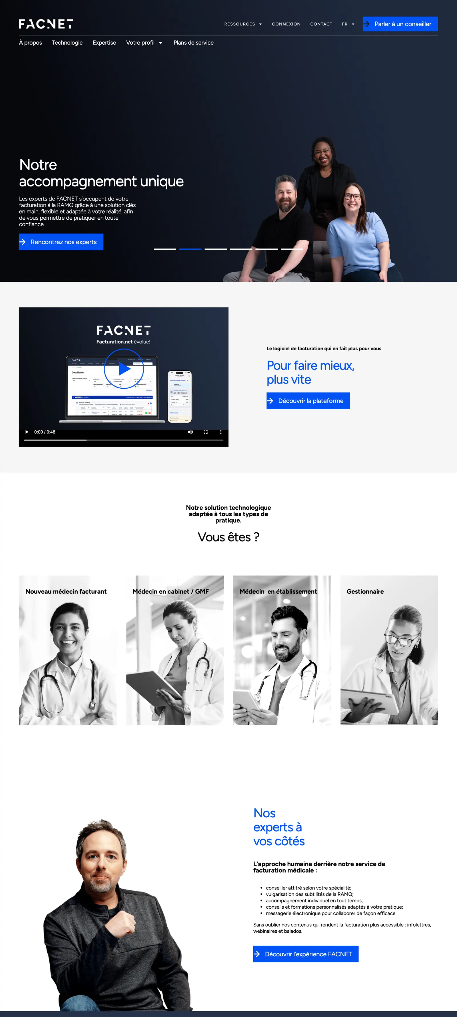 Facnet's website on a desktop screen: the home page and its physician profiles, the “Facturation.net évolue vers FACNET” page, then the “Parler à un conseiller” page