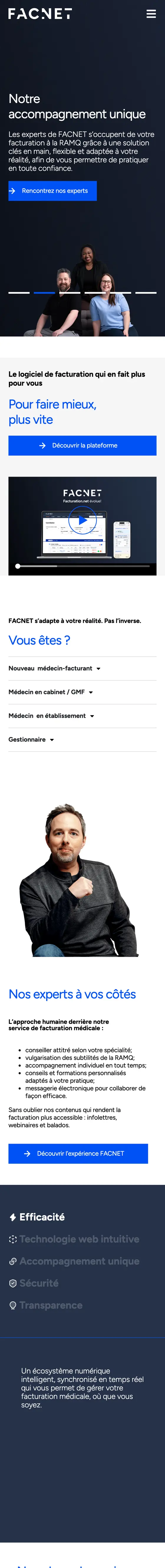 Facnet's home page on a phone: “Notre accompagnement unique”, the platform, the physician profiles and the experts
