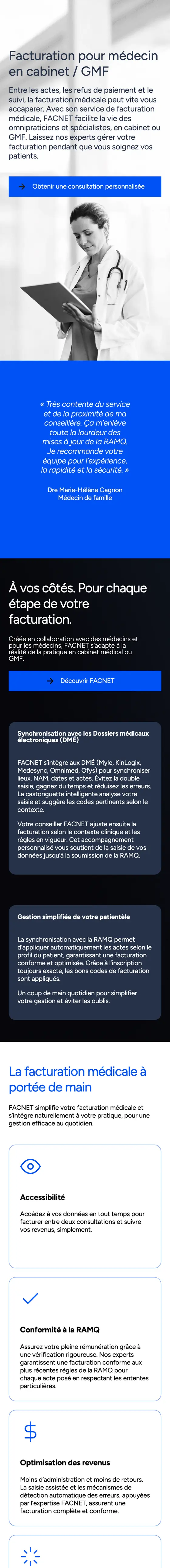 The “Facturation pour médecin en cabinet” page of Facnet's website on a phone, then the “Parler à un conseiller” page