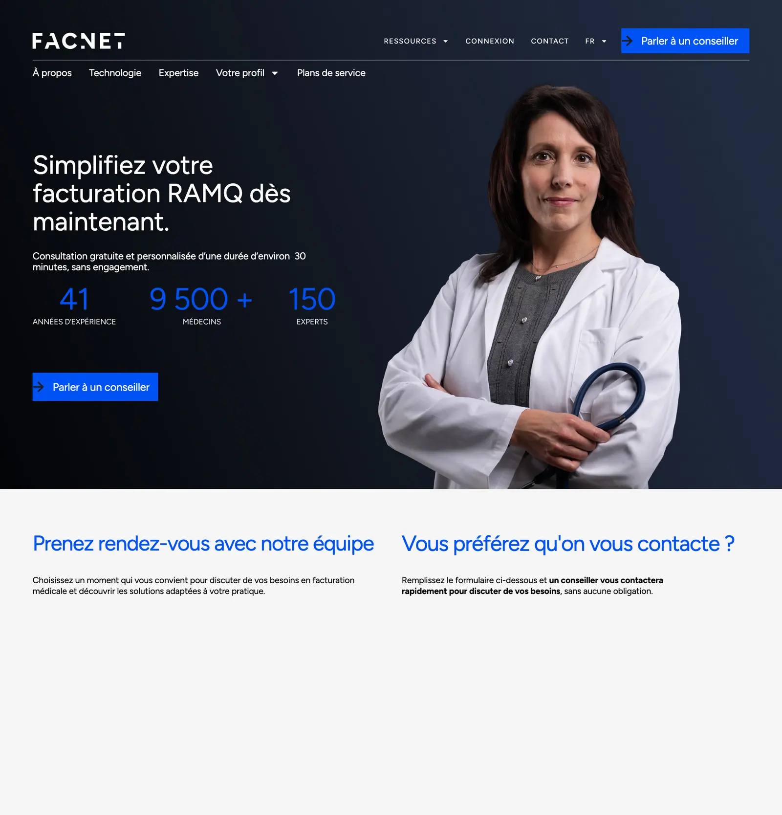 The “Parler à un conseiller” page of Facnet's website, on a desktop screen