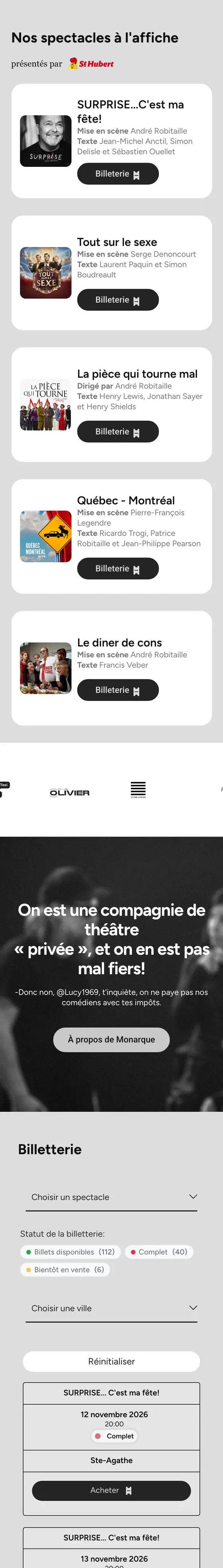 Le site de Monarque sur un cellulaire : l'accueil, les spectacles à l'affiche, la billetterie, puis la page du spectacle de Jean-Michel Anctil