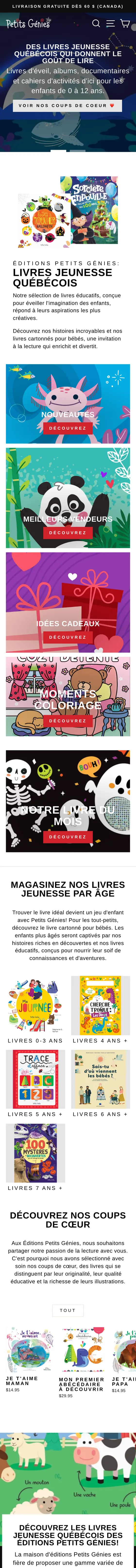 La boutique de Petits Génies sur un cellulaire : l'accueil, les livres par âge, les coups de cœur, puis la fiche de « Mon premier abécédaire à découvrir »