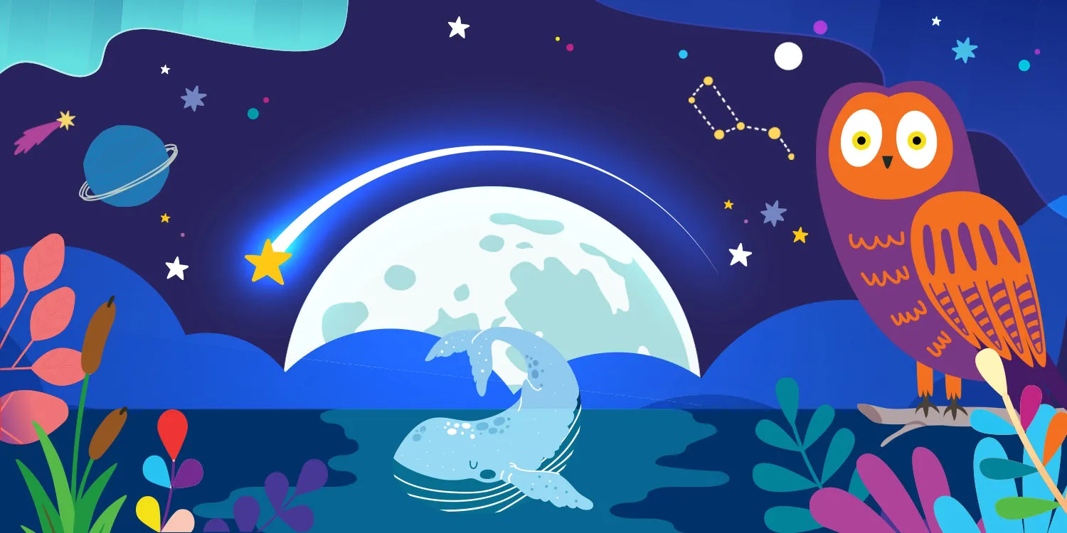 Une illustration de la boutique de Petits Génies : une baleine sous la lune, un hibou et un ciel étoilé