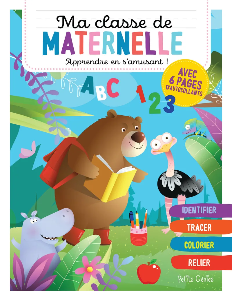 La couverture du cahier « Ma classe de maternelle », où un ours lit entouré d'animaux